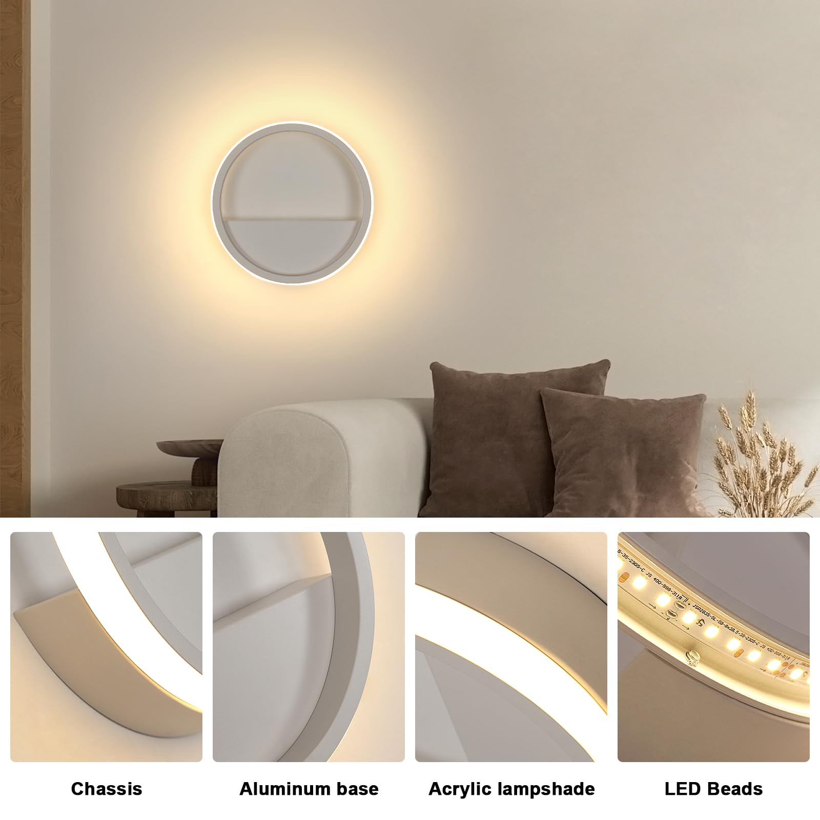 Riserva Rotonda Applique da Parete Moderno, 12W LED Lampada da Parete Interno, Bianco Lampada a Muro Alluminio per Camera da Letto, Soggiorno, Corridoio, Scale, Bianco Caldo 3000K