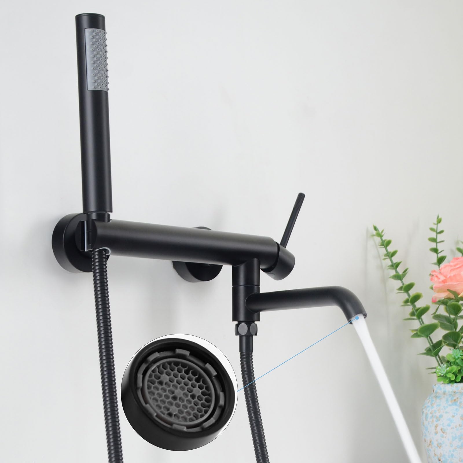 PHASAT Rubinetto Vasca da Bagno con Doccetta, Miscelatore Monocomando Doccia Esterno con Doccetta, Rubinetto a Parete Bagno Bocca girevole a 90°, Nero PTBB27E