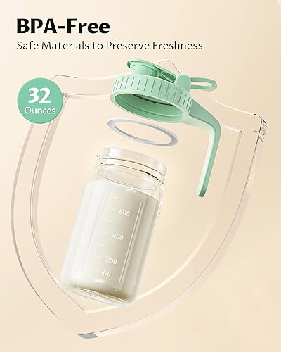 Miniatura 2 de Jarra de leche materna de 32 onzas con tapa, recipiente de almacenamiento de vidrio hermético y a prueba de fugas, esenciales para lactancia