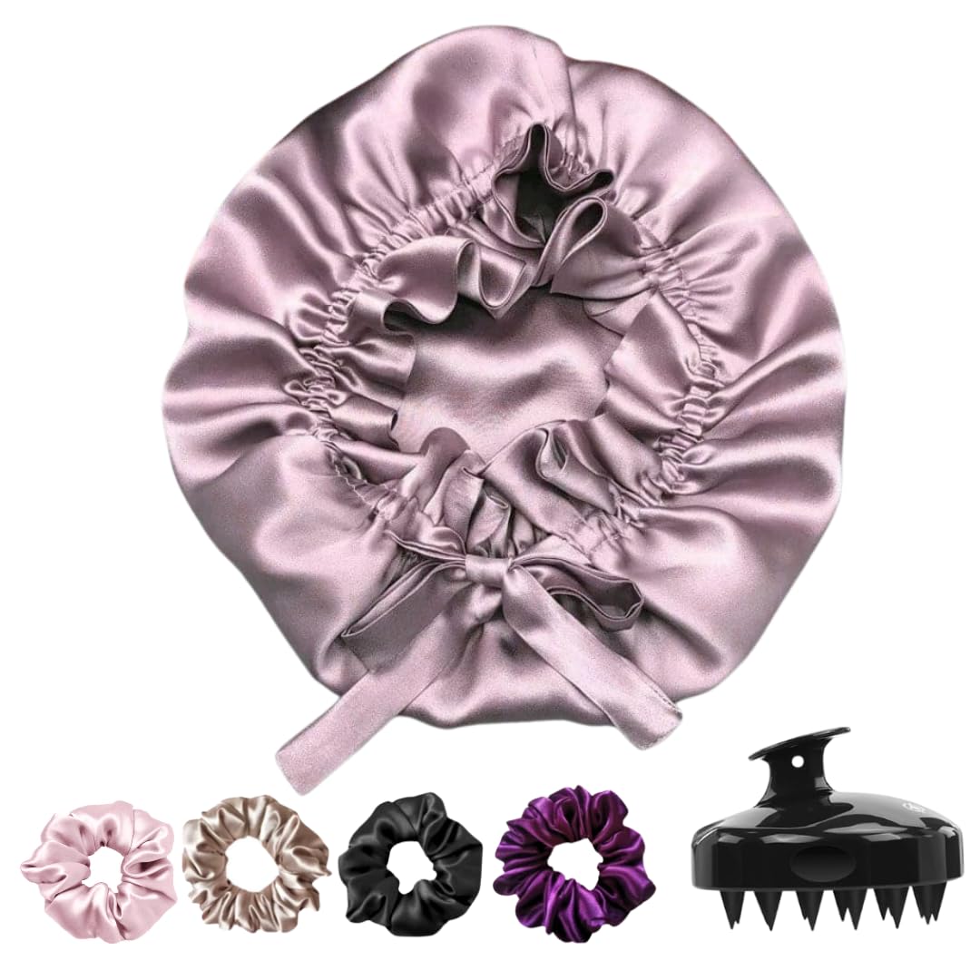 Atrube Women's Silk Satin Hair Bonnet Reversible Adjustable tie Band Head wrap Sleeping Hair Cover with Scrunchies (Purple)-image-15