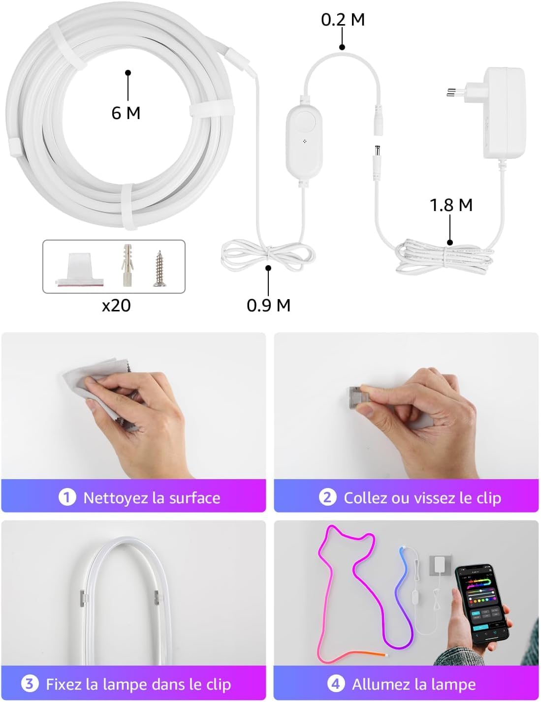 Lepro N1 IA Ruban LED Neon 6M, RGB+IC Bande LED Étanche Contrôle Segmenté