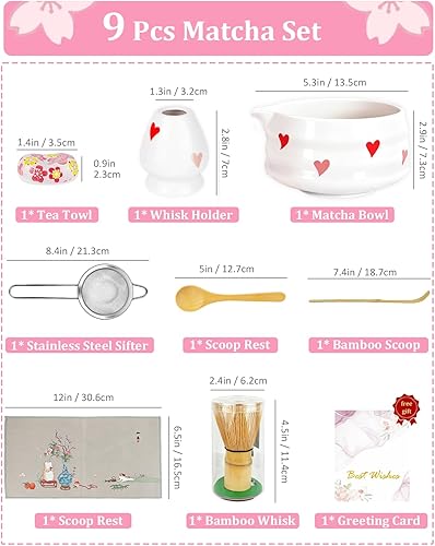 Miniatura 5 de Juego de 8 piezas de cerámica con tazón para batidor, soporte para kit de té matcha, cuchara de bambú, tamiz, toalla incluida, regalo de cumpleaños