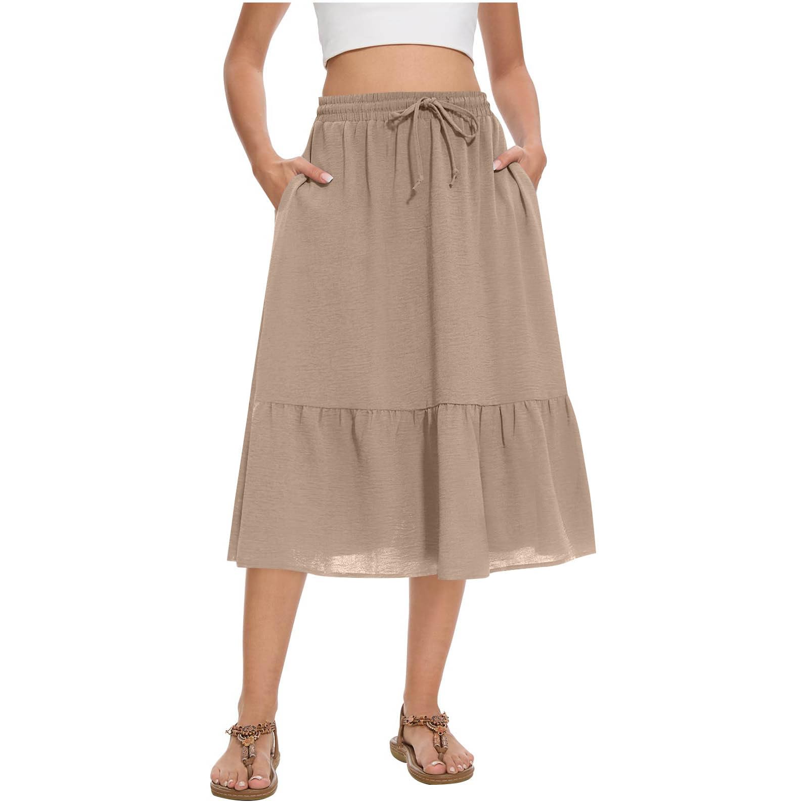 Summer Skirts for Women Trendy with Pockets Drawstring High Waisted Lightweight Casual Tiered Flowy A-Line Midi Skirt