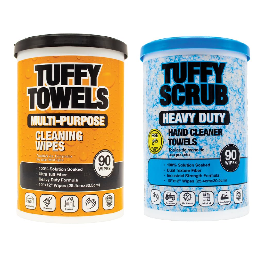 Tuffy Towels Combo 2 Pack - Heavy-Duty Scrub and Multi-Purpose Citrus Cleaning Wipes - 10 X 12 Inch, 90 Wipes Each Container
