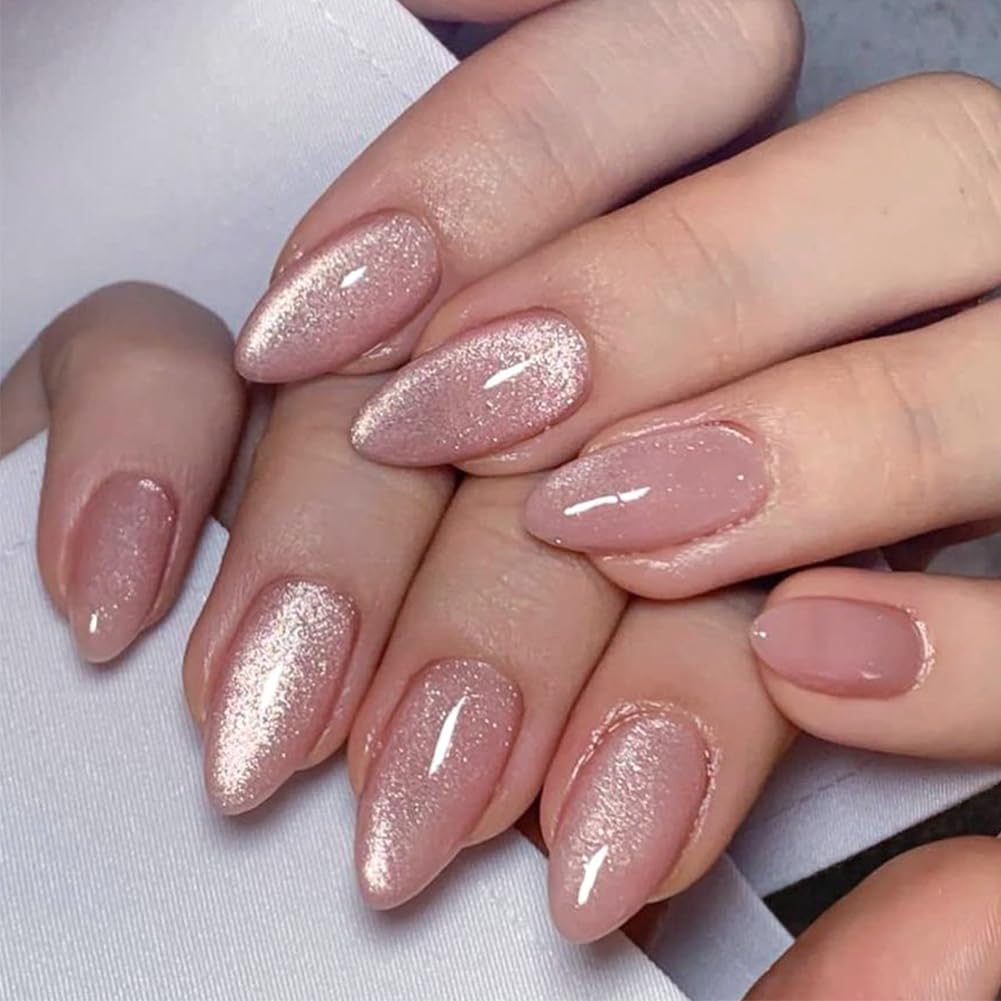 Medium Almond Press on Nails Fake Nail Kit - 24pcs Cat Eye Nude Pink Acrylic Cover False Nails Glossy Glitter Artificial Fingernails For Women and
