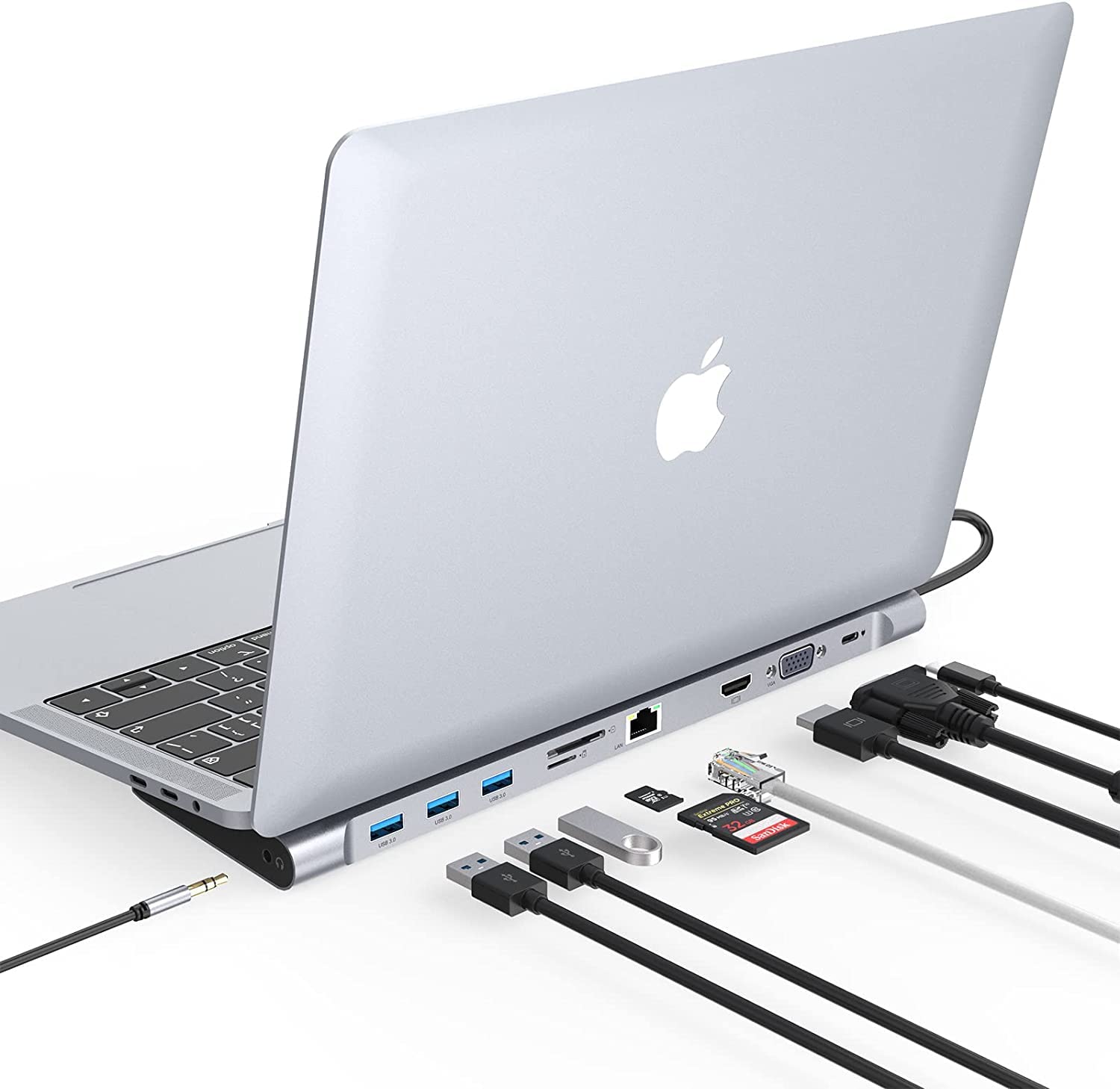 10 portów USB C, multiport hub USB C, potrójny wyświetlacz, adapter USB C (4K HDMI, VGA, PD 100 W, Ethernet, gniazdo kart SD/TF, audio 3,5 mm, 3 porty USB) do MacBook, Dell, HP, Lenovo