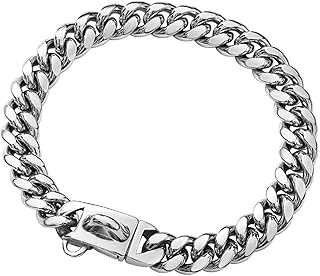 Yowity Strong Stainless Steel Silver Metal Dog Collars with New Secure Buckle,14MM Cuban Lock Link Chain Training Collar Necklace Chain for Small Medium Large Dogs