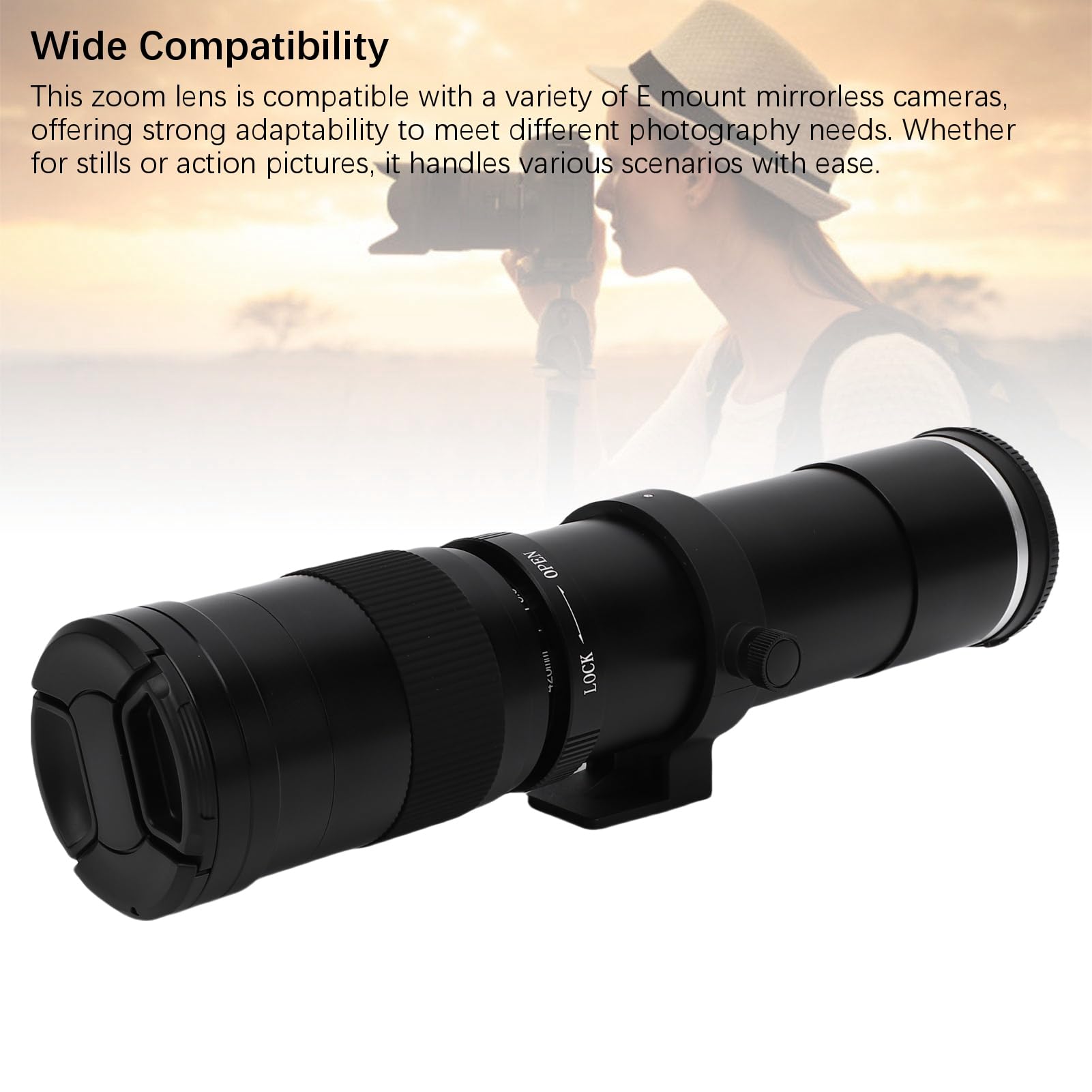 Denash Teobiektyw Teleobiektywu 420 do 800 Mm z otwórcą F8.3 do Montażu Bezlusterkowego Aparatu, Manualny Obiektyw z Zoomem, Aluminium i Optyczny materiał Szklany (BLACK)