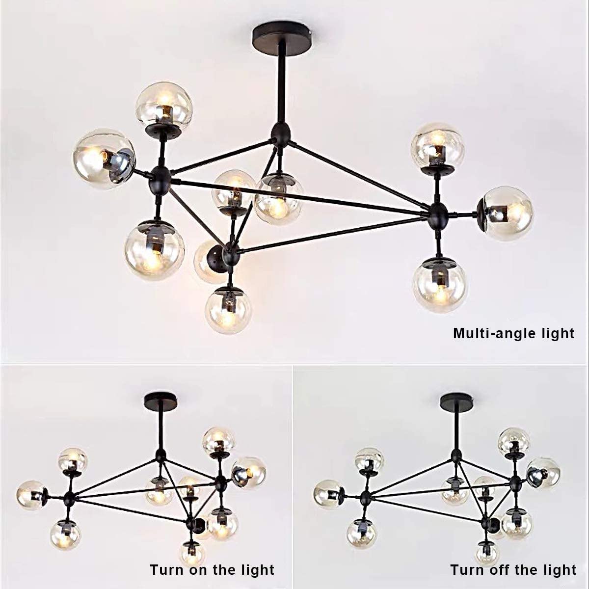 Żyrandol, lampa wisząca 10 - żyrandol, nowoczesna lampa wisząca Magic Bean ze szklanym kloszem, oprawa przemysłowa kompatybilna z kuchnią, jadalnią, salonem, przedpokojem - czarny