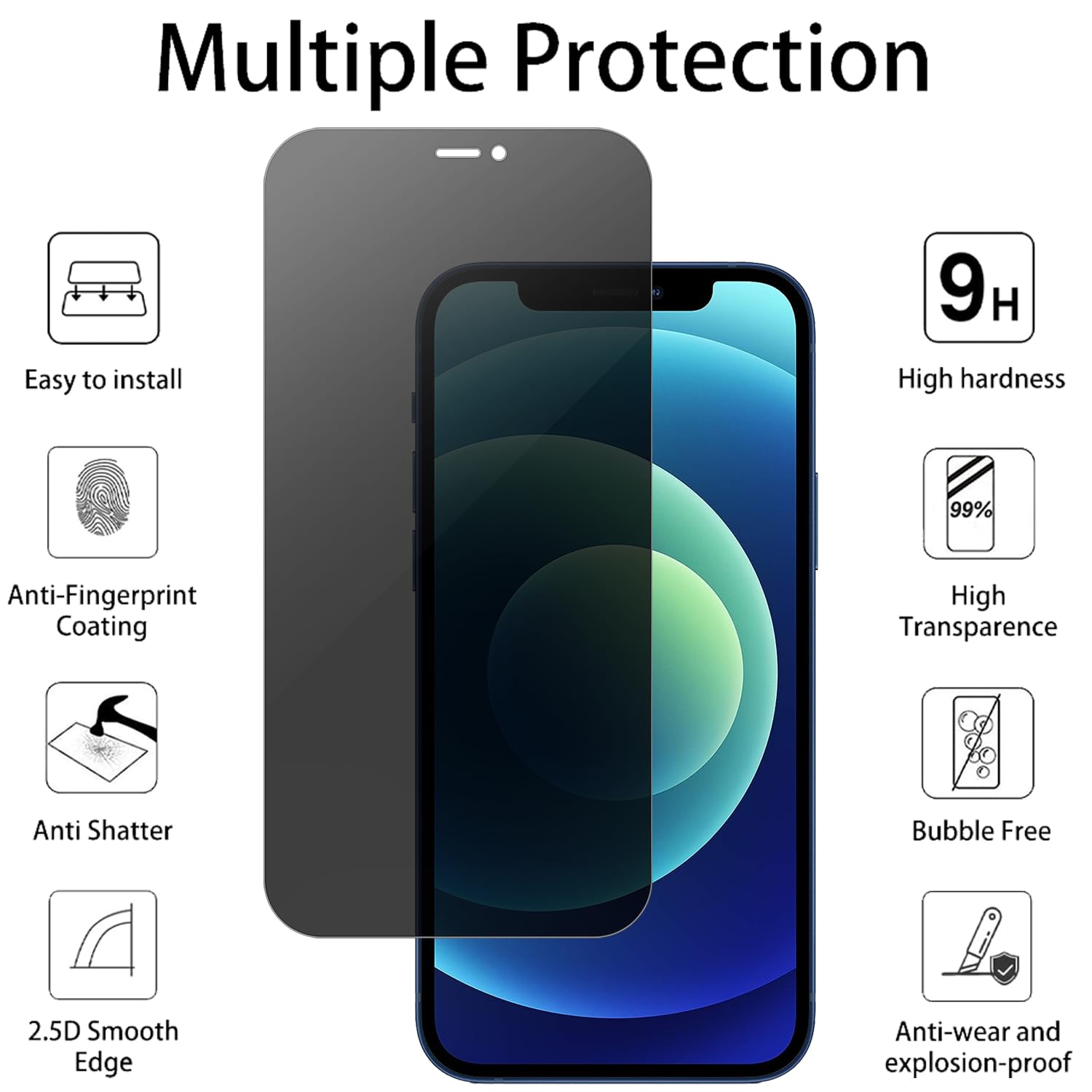 Vsjnk Privacy Screen for iPhone 12 Mini with 3 Pieces Anti-Spy Privacy Tempered Glass Screen Protector 9H Hardness Tempered Glass HD Screen Protector Compatible with iPhone 12 Mini - Image 3