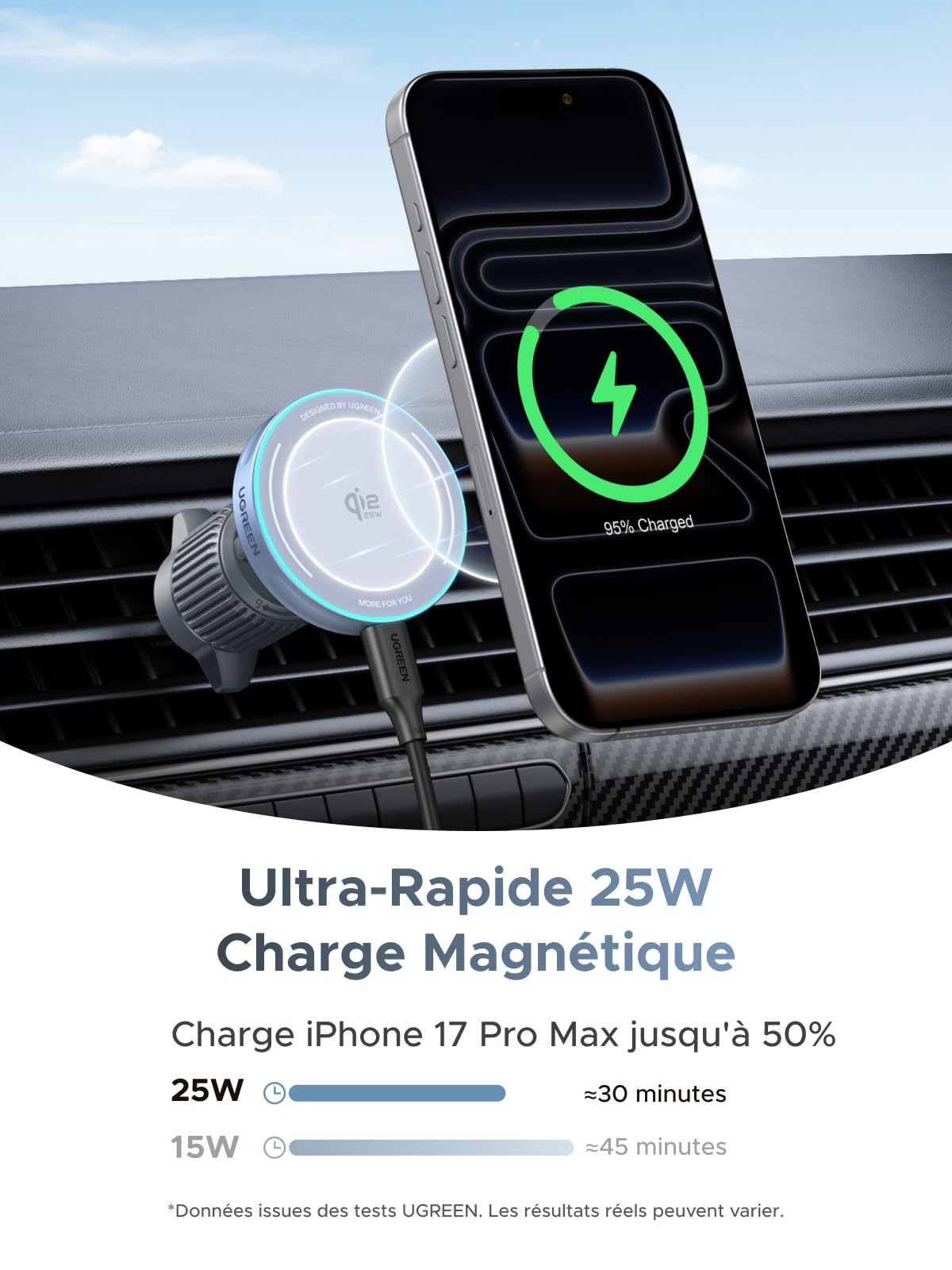 UGREEN MagFlow Qi2 25W Chargeur Induction Voiture Compatible avec MagSafe iPhone 17 16 15 14 13 12 Air Plus Pro Max - 3