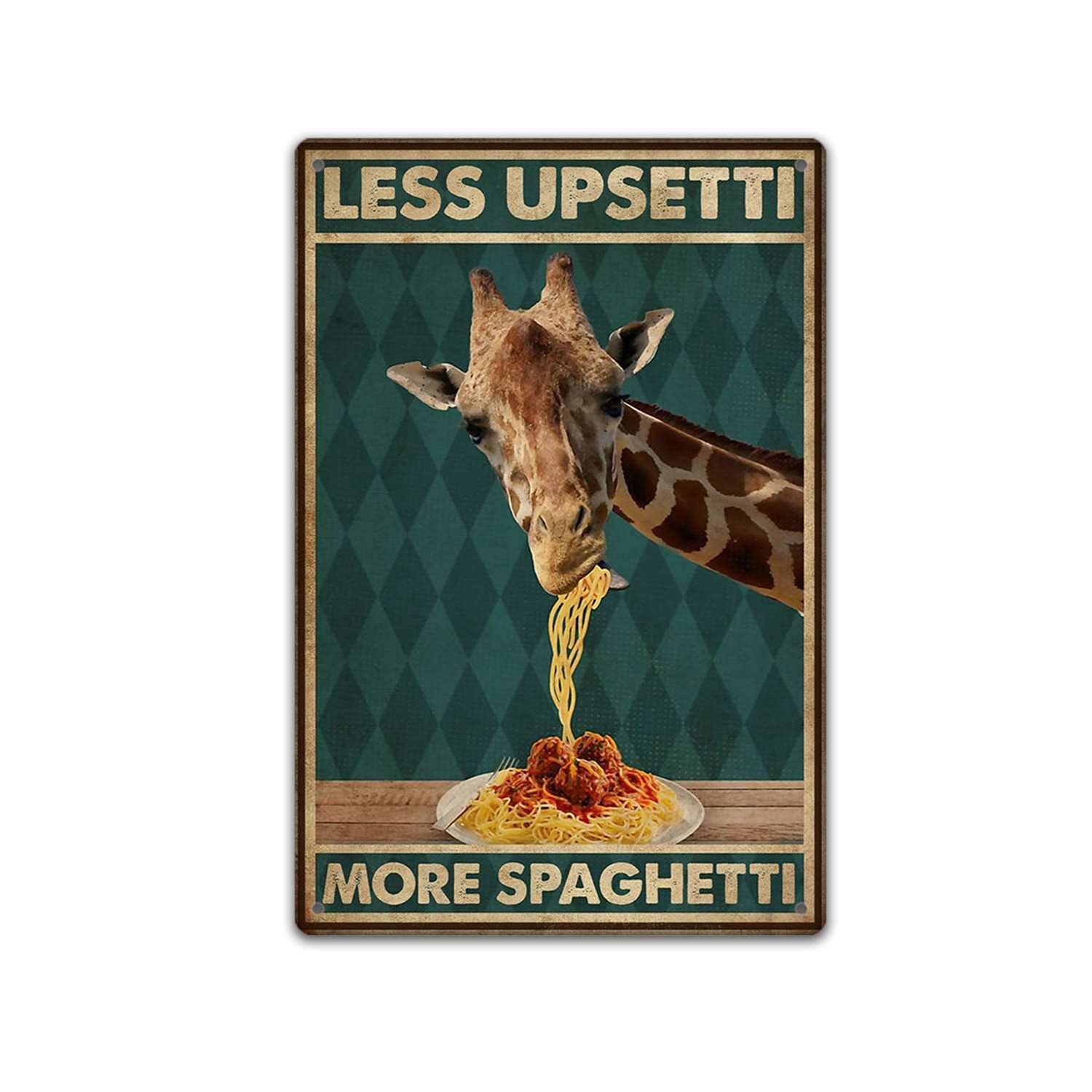 Tritxiy Modern Metal Sign - Giraffe Eating Spaghetti Pasta Less Upsetti More Spaghetti - 8X12inch(20X30cm) - Retro Style - Red - Wall Mount - Decorative_signage