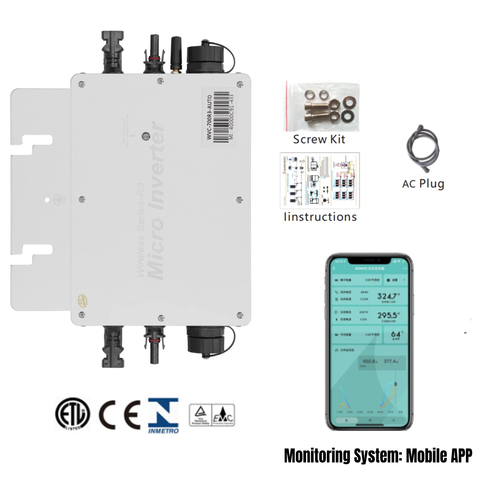 Inverter Solare 700 W, Micro Inverter con Collegamento Alla Rete Controllo Wi-Fi Identificazione Automatica Misuratore Ad Alta Precisione Integrato per il Monitoraggio del Punto di Massima Potenza