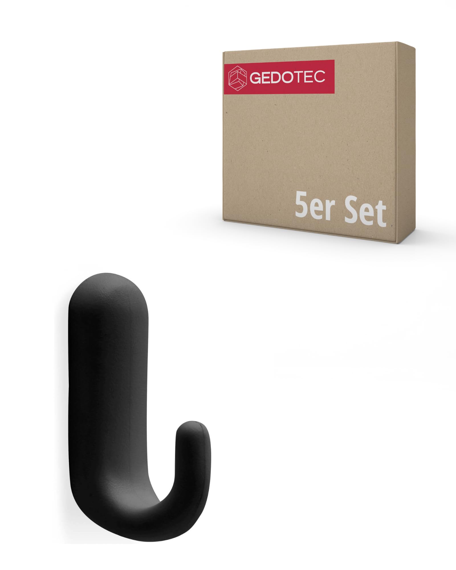 Gedotec Coat Hooks Plastic GA98 Single Hooks Pack of 5 Including Mounting Material Black Matt Hooks Invisible Mounting for Wardrobe and Wall Mounting Clothes Hooks Wall Modern
