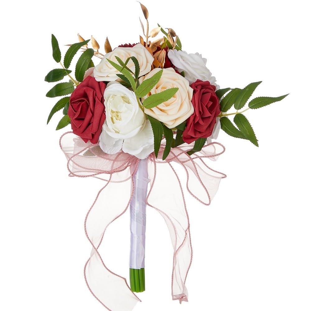 Huffa Whiteburgundy Artificial Color Matching Roses - Spherical Holding Flowers Bouquet For Weddings And Events(Whiteburgundy)