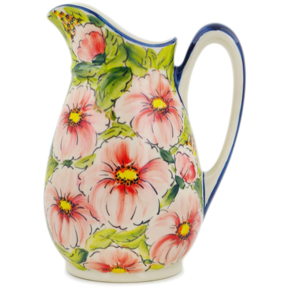 Authentic Polish Pottery Pitcher Signature UNIKAT in Pink & Green Delights Design Handmade in Boles?awiec Poland + Certificate of Authenticity