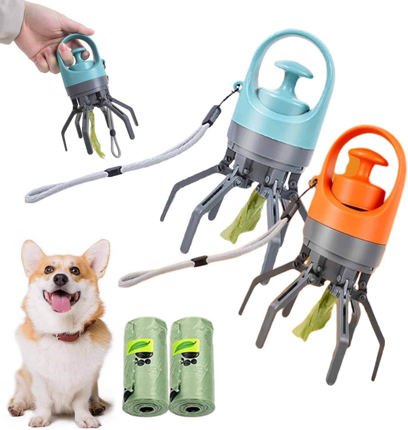 Quick Scoop Poop Scooper, Portable Dog Pooper Scooper, Easy Claw Pick up Tool for Dogs, Leak-Proof Waste Bag Holder for Outdoor Walks (Blue+Blue)