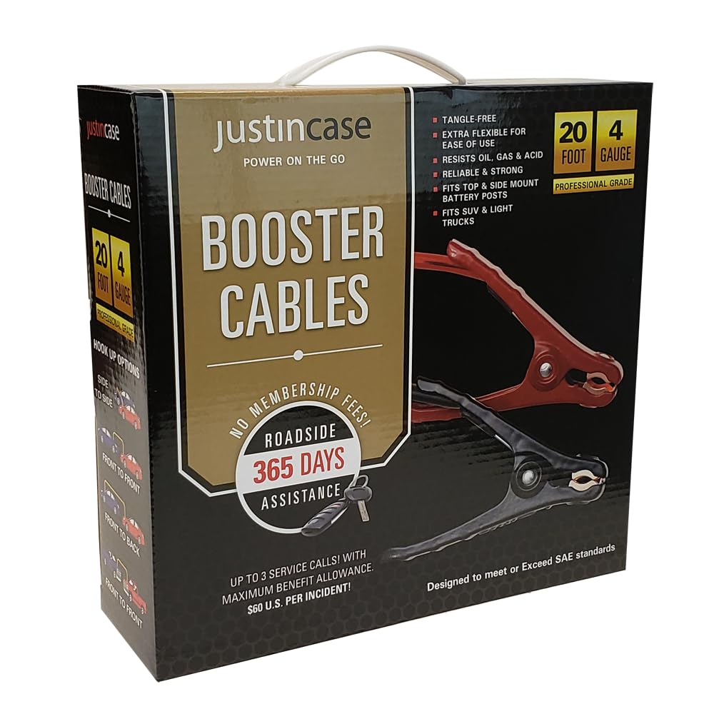 Justin Case Professional Grade Jumper Cable Kit for Car, Includes 20' Car Jumper Cables with 4 Gauge Wire Conductor & 365 Days of Roadside Assistance