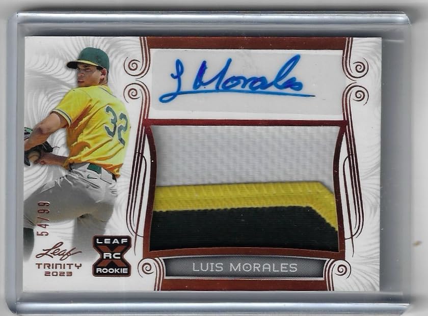 Luis Morales Autographed & Serial Numbered #54/99 Copper Parallel Leaf Trinity 3 Color RPA Patch Game Used Jersey Relic Memorabilia X Rookie Card Collectible Baseball Card - 2023 Leaf Trinity Baseball Card #PA-LM1 (A's)