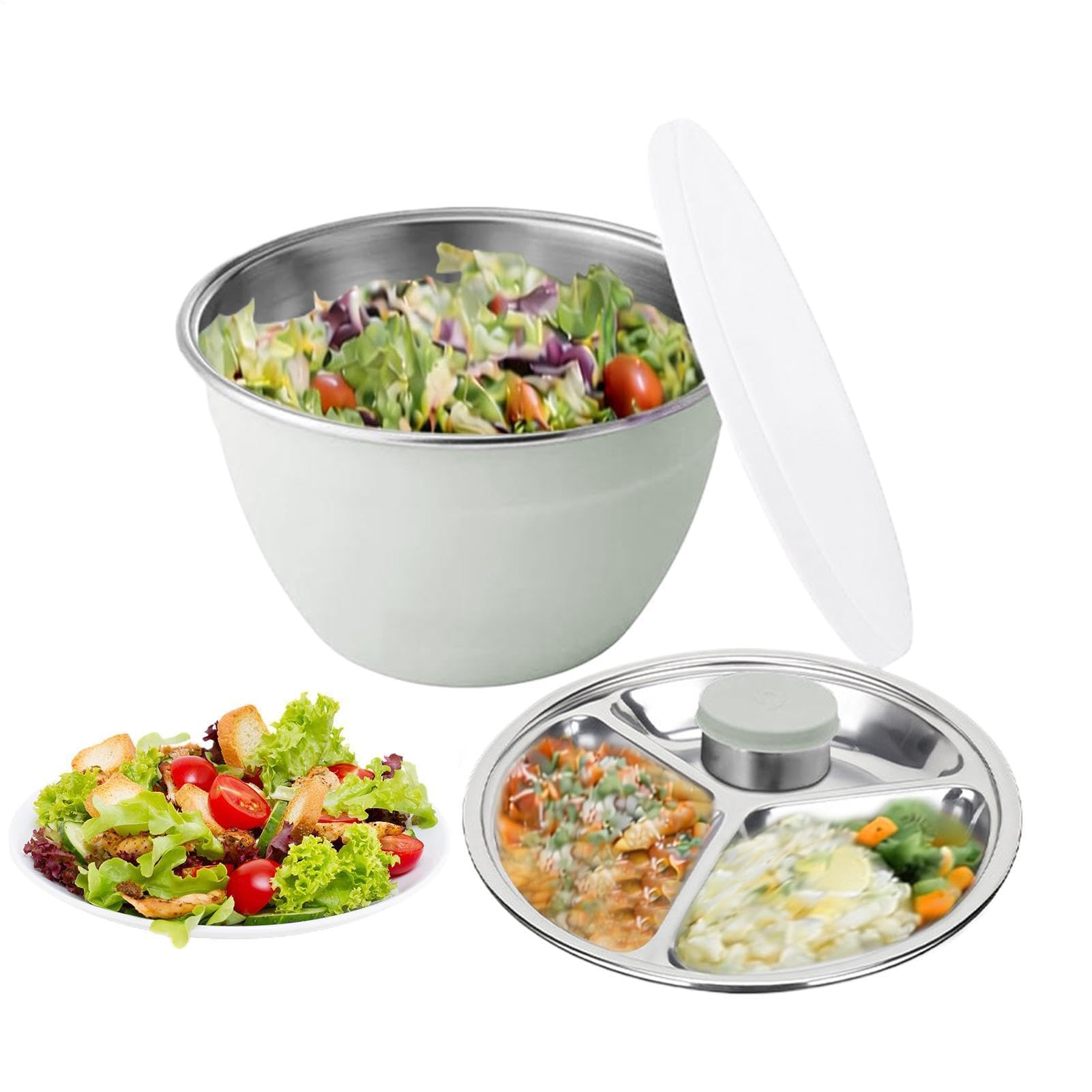 Salatschüssel-Set, Edelstahl-Rührschüssel mit Deckel und abnehmbarem Tablett, für Zuhause, Küche, Esszimmer, Mahlzeitvorbereitung, Picknicks im Freien, Partys, inklusive Kanister