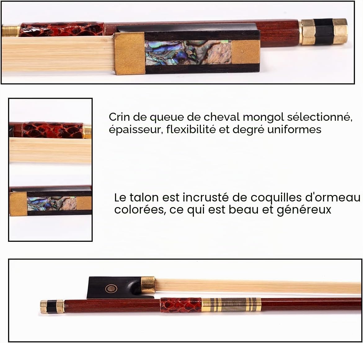 Advance Archet de violon 4/4 en pernambouc en crin de cheval octogonal en bois du Brésil 4 à 4 tailles
