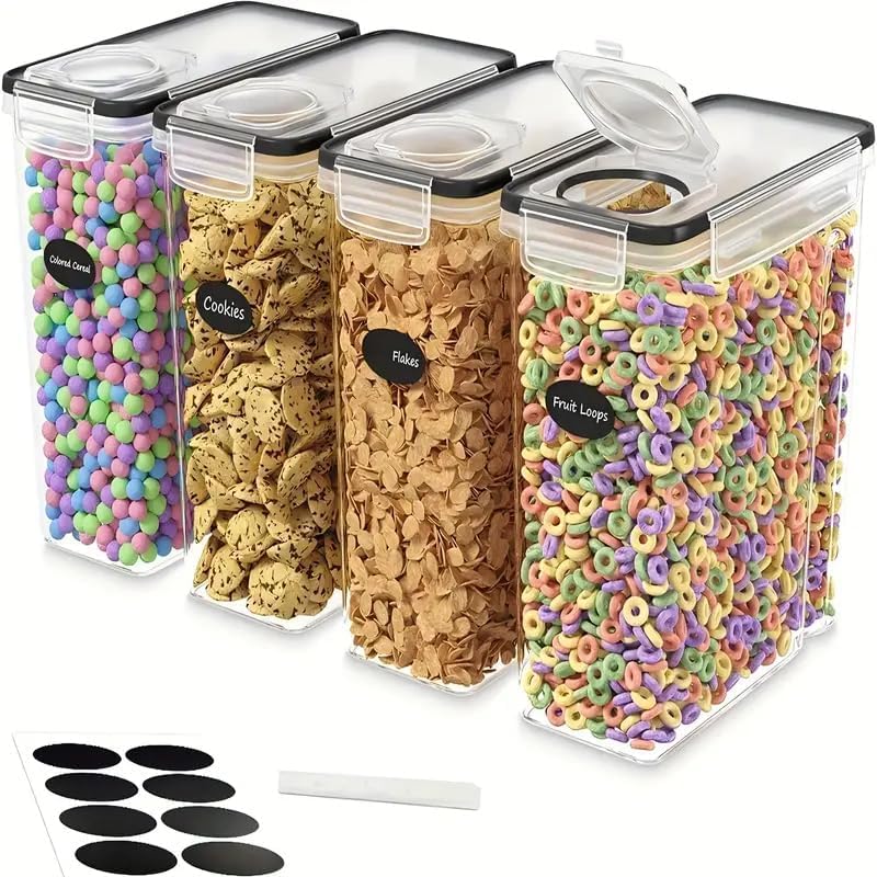 SHIGEER Kitchen Cereal Storage Containers Dispenser, Clear Plastic, Airtigh Pantry Organization Container with Labels And Marker Pen, Locking Lid System,4L/135oz, 4-Pack