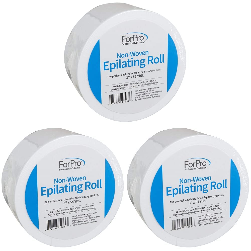 ForPro Non-Woven Epilating Roll for Body and Facial Hair Removal, Tear-Resistant, Lint-Free, 3” x 55 Yards, White (Pack of 3)