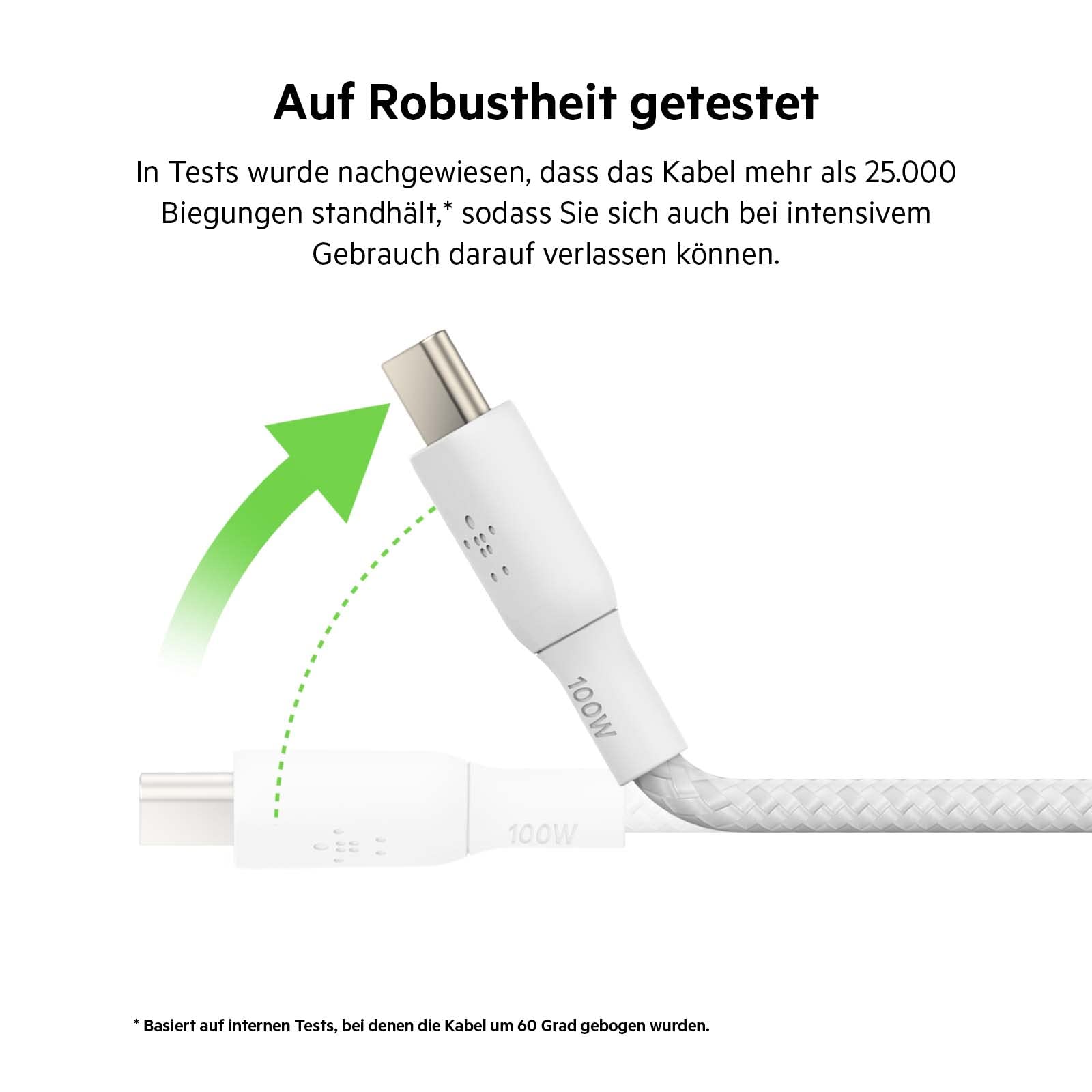 Belkin USB-C/USB-C-Kabel, 100 W Power Delivery USB-IF-zertifiziertes 2.0-USB-C-Ladekabel mit doppelt geflochtenem Nylonmantel, iPhone 17, 16,15, iPad Pro, MacBook, Galaxy S24, Pixel, 2 m - Weiß