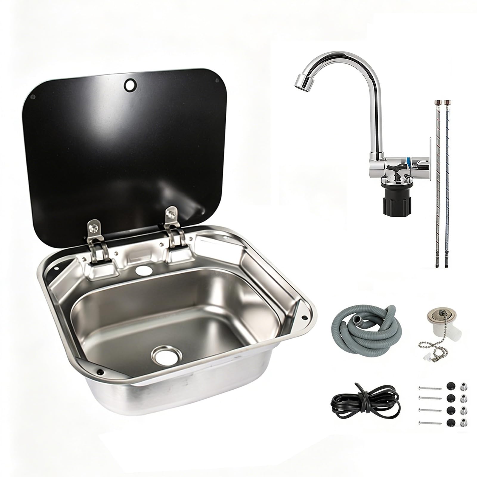 Fregadero Camper con Tapa, Lavabo Caravana con Grifo Plegable, Fregadero Empotrable, Material de Acero Inoxidable, Adecuado para Remolques y Caravanas