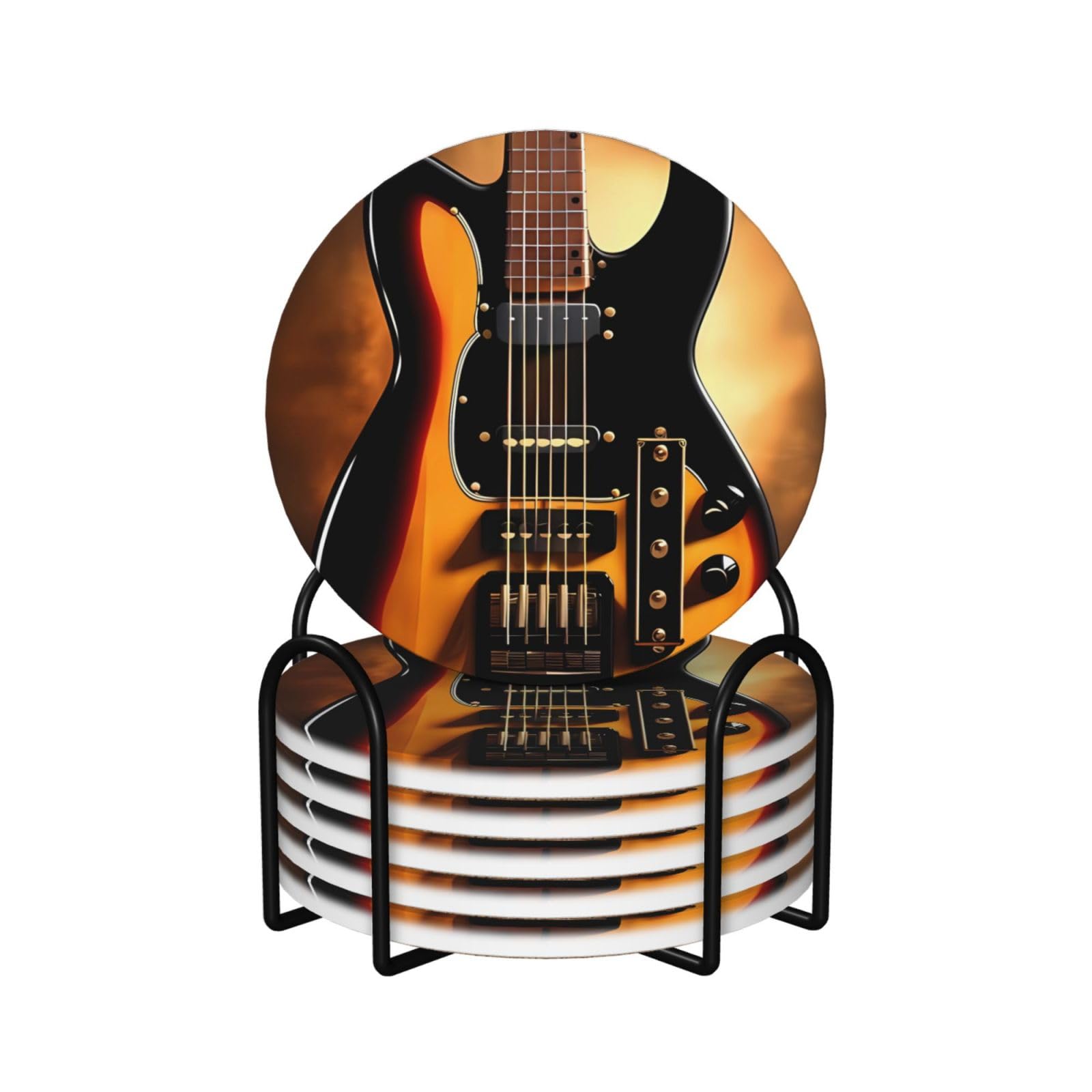 6Pcs Ceramics Coaster for Drinks, Instrumental Guitar Cup Coasters with Holder, Aesthetic Drink Coasters for Coffee Table, Absorbent Round Coaster for Tabletop Protection 4" Cup Mat Pad