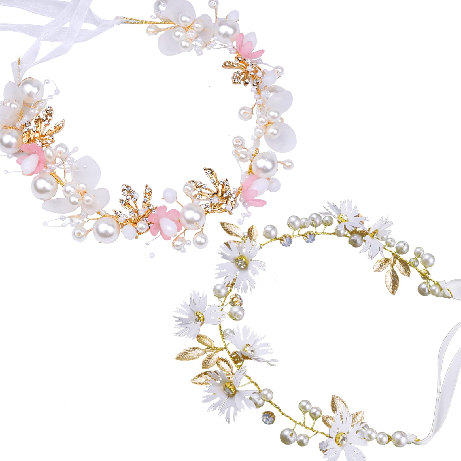 LAPOHI 2 Pieces Wedding Flower Headpieces, Pink Adjustable Hairband with Rhinestones, Pearl, Fairy Crown, Tiara for Girls, Women, Flower Girls,