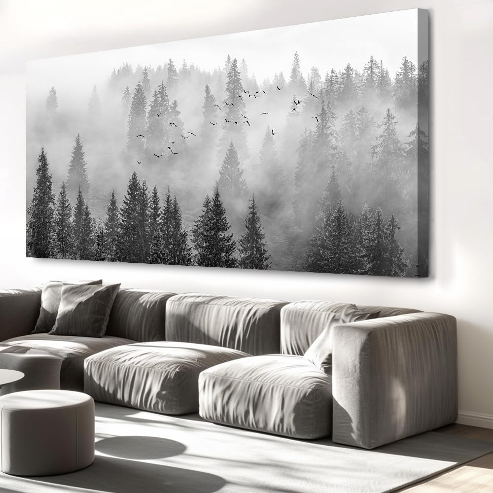 vgrozirh Wall Art Foggy Forest Black and White Wall Art Nature Landscape Mountain Photographic Printed on Canvas for Bedroom Living Room Office Home Decor Ready to Hang 79"x40"(200X100CM)