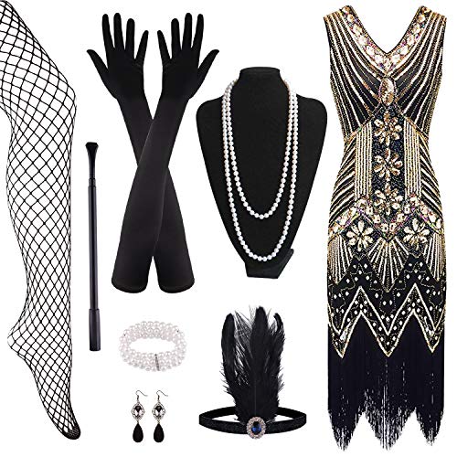 FEPITO 1920s V-hals pailletten kralen franjes jurk met 20s accessoires set - Image 3