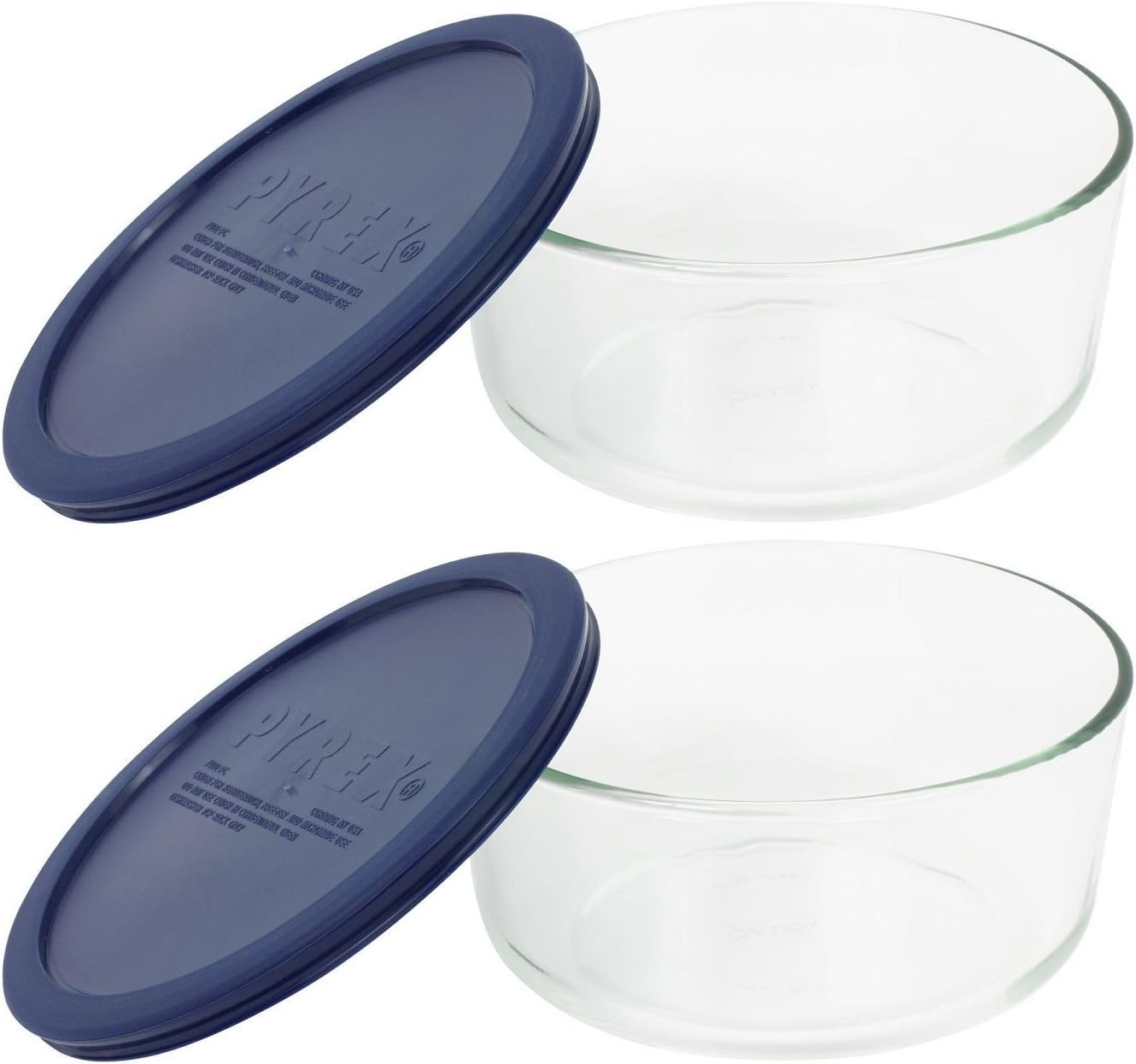 Pyrex Storage 4-Cup Round Dish with Dark Blue Plastic Cover, Clear (Pack of 2 Containers)