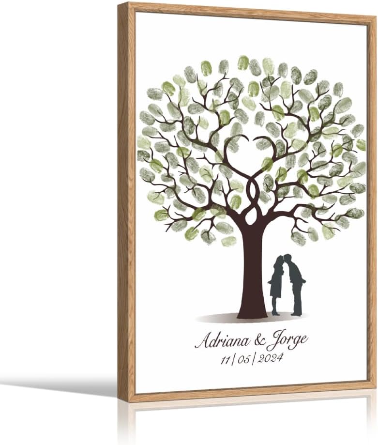 DIY Fingerprints Wedding Sign-in Guest Book Canvas Groom and Bride Painting with Wooden Frame Personalized Wedding Gift for Couple Anniversary Party Decorstions (Love kiss)