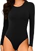 Womens Long Sleeve Bodysuit Thong: Double Lined Slimming Body Suit - Seamless Crew Neck One Piece Body Suits Tops Stretchy
