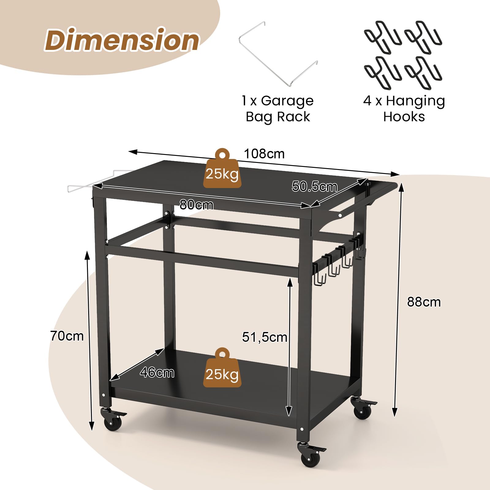 VEVOR Desserte Plancha met 2 niveaus, grillwagen met groot werkblad, grilltafel op wielen, voor pizzaoven, bereiding van keuken, BBQ, tuin, terras, buiten, 85 x 55 x 83,5 cm