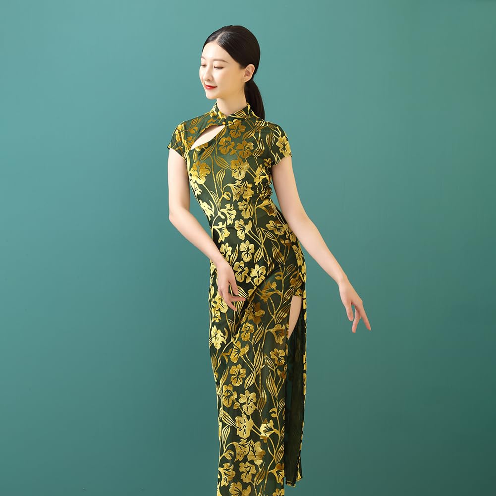 ROYAL SMEELA Vestito Qipao Velluto Donna Abito Cheongsam Cinese Verde Scavare Abiti Qipao Cheongsam Tradizionale Cinese Costume da Cinese Qipao Cinese Vestito Cinese Donna Qipao Fessura Lungo