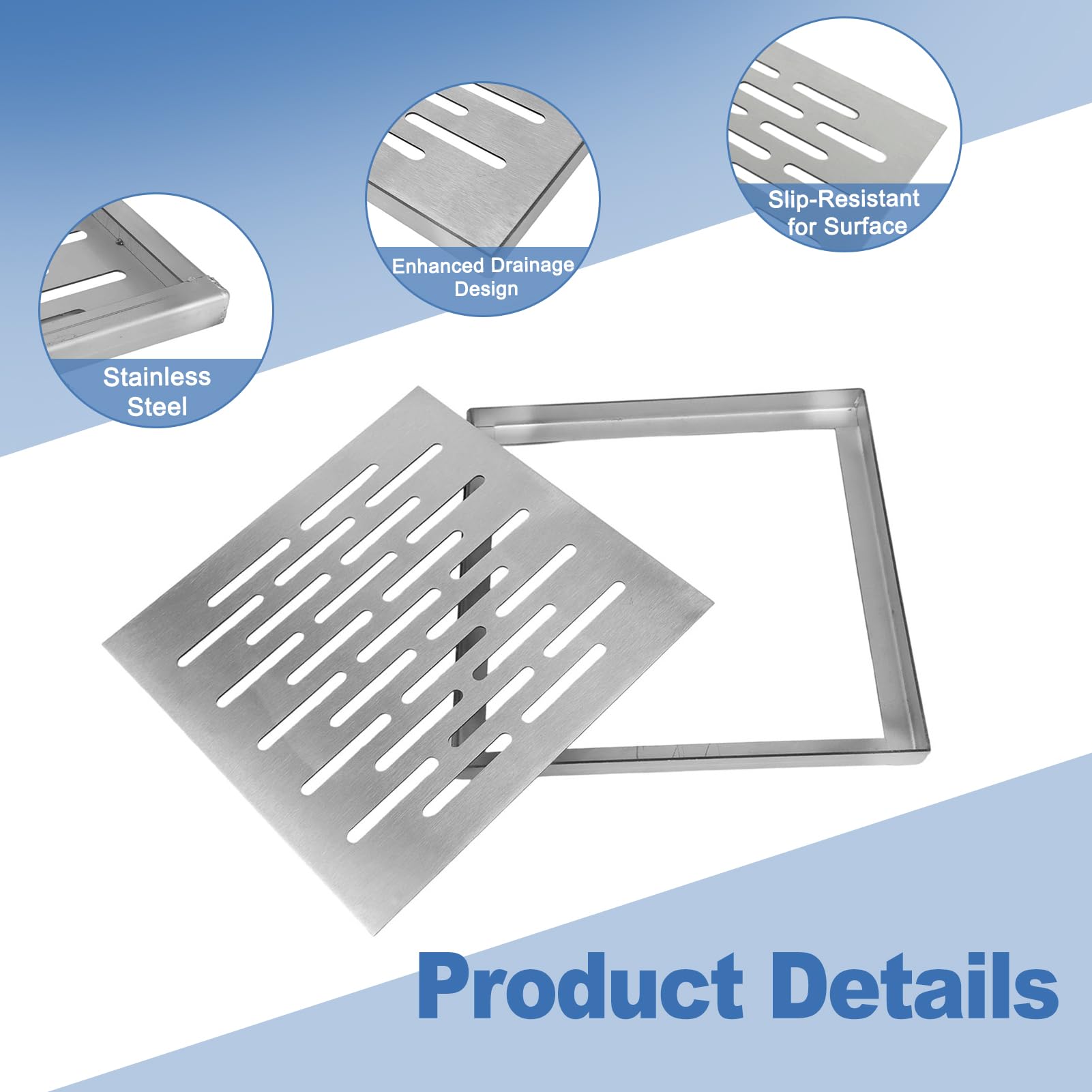 Siphon de sol en acier inoxydable avec cadre, couvercle de drainage extérieur, grille d'évacuation d'eau de pluie, carré antidérapant pour sol de jardin en stock avec cadre (200 x 200 x 20 mm)