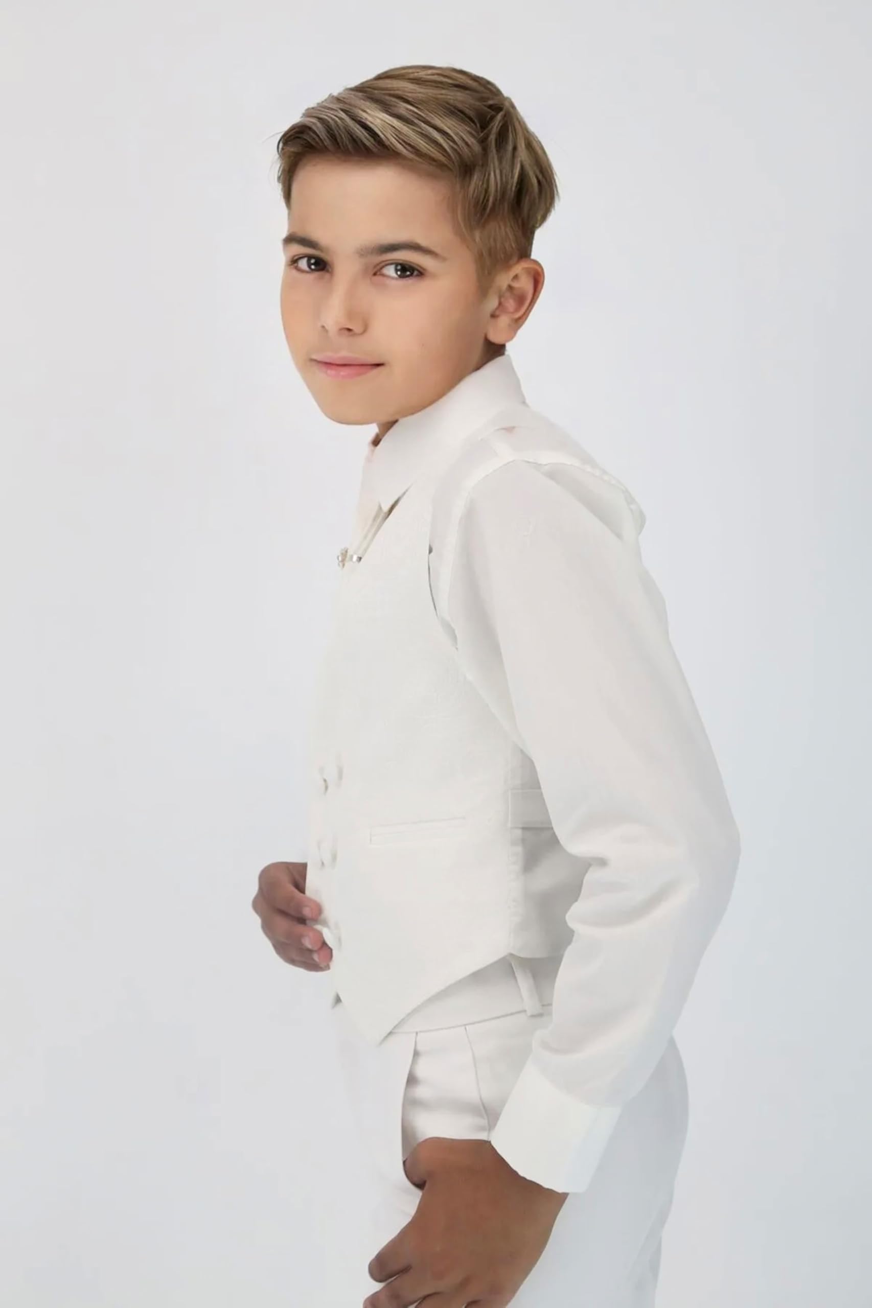 Costume Luxueux 5 pièces Ivoire pour garçon avec Gilet croisé - Ensemble de baptême de Communion Coupe Slim, 1 à 16 Ans