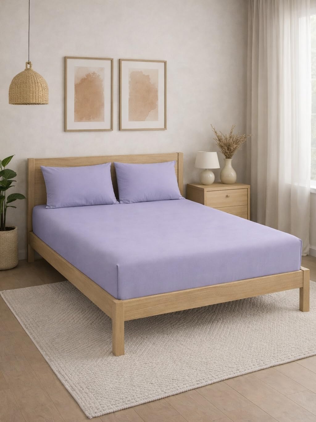 THE HOME STYLE Solid Plain Cotton Feel Fitted Bedsheet (72x78 inches) with Reversible Comforter (90x100 inches) | King Size | 2 Pillow Covers | 300 TC | 4-Piece Bedding Set (Lavender)