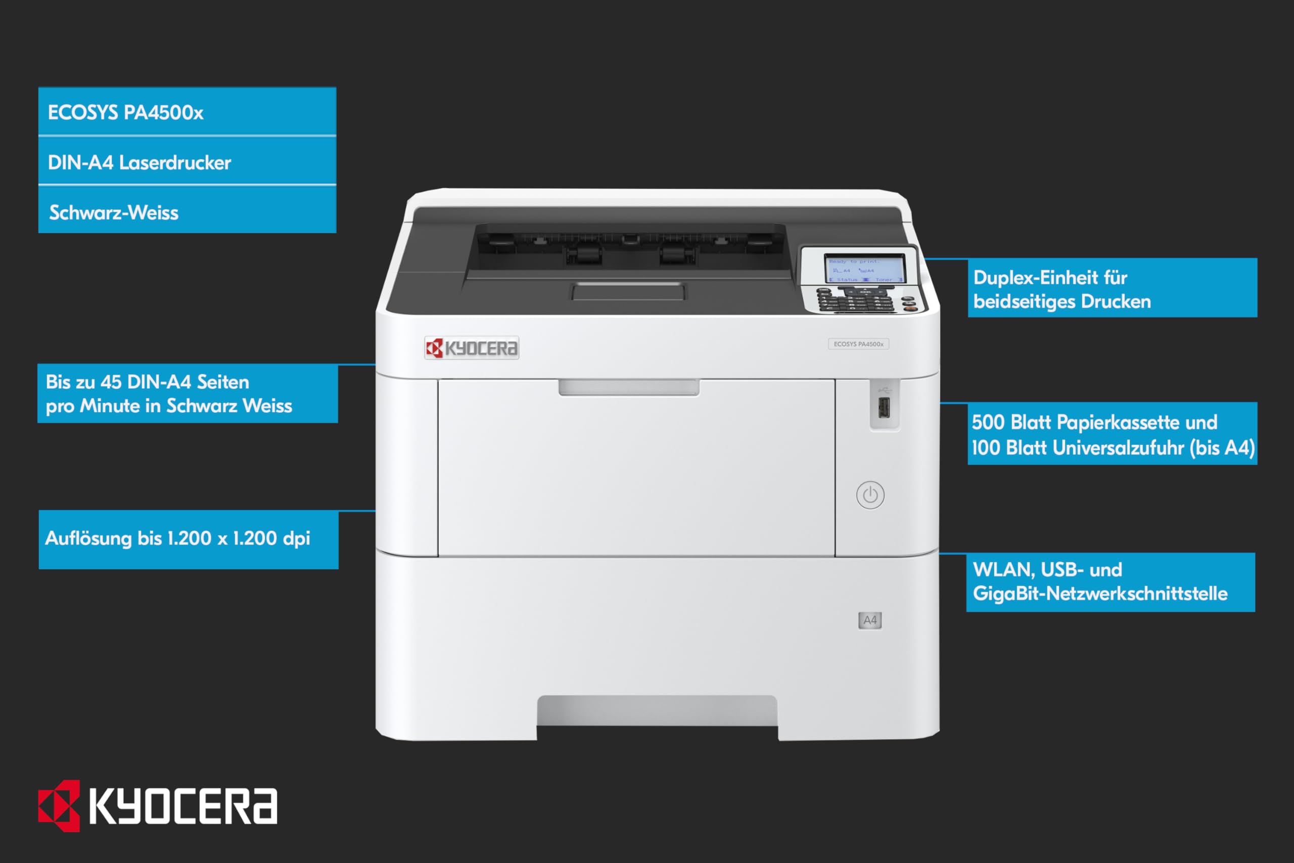 Kyocera PA4500x, Laser, 1200 x 1200 DPI, A4, 45 Seiten pro Minute, Doppelseitiger Druck, Netzwerkf?hig