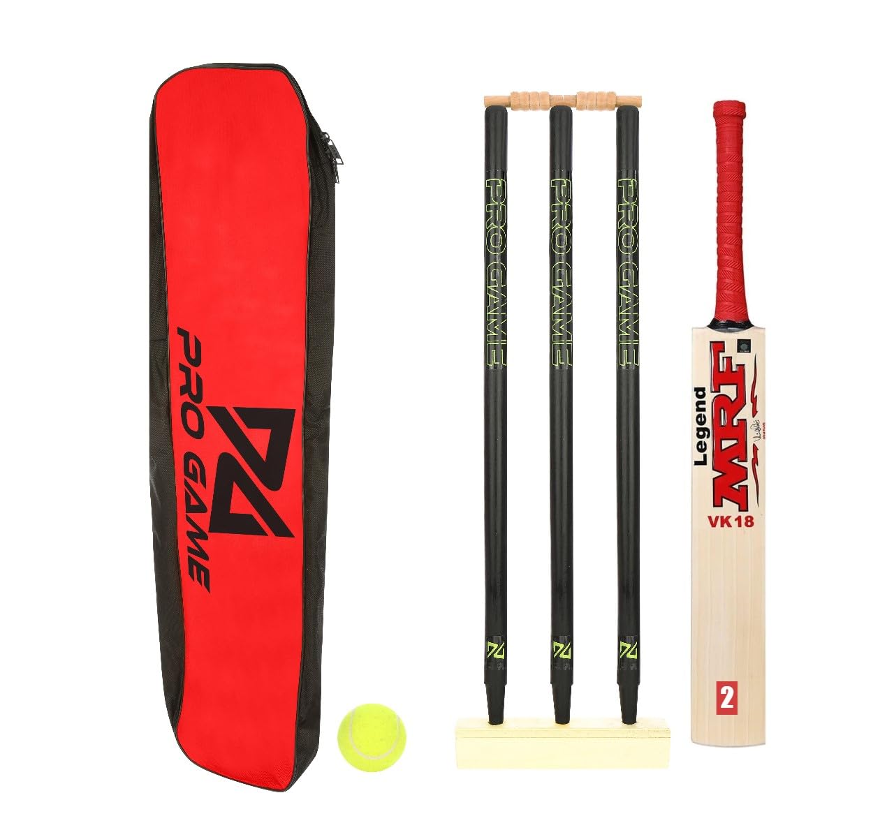 Pro Game MRF Cricket Kit - 1 Bat 3 Wickets 2 Bails 1 Base 1 Ball & 1 Kit Bag (Size 2 for 5-6Yr) (B0CH4RY8MM) Amazon Price History, Amazon Price Tracker