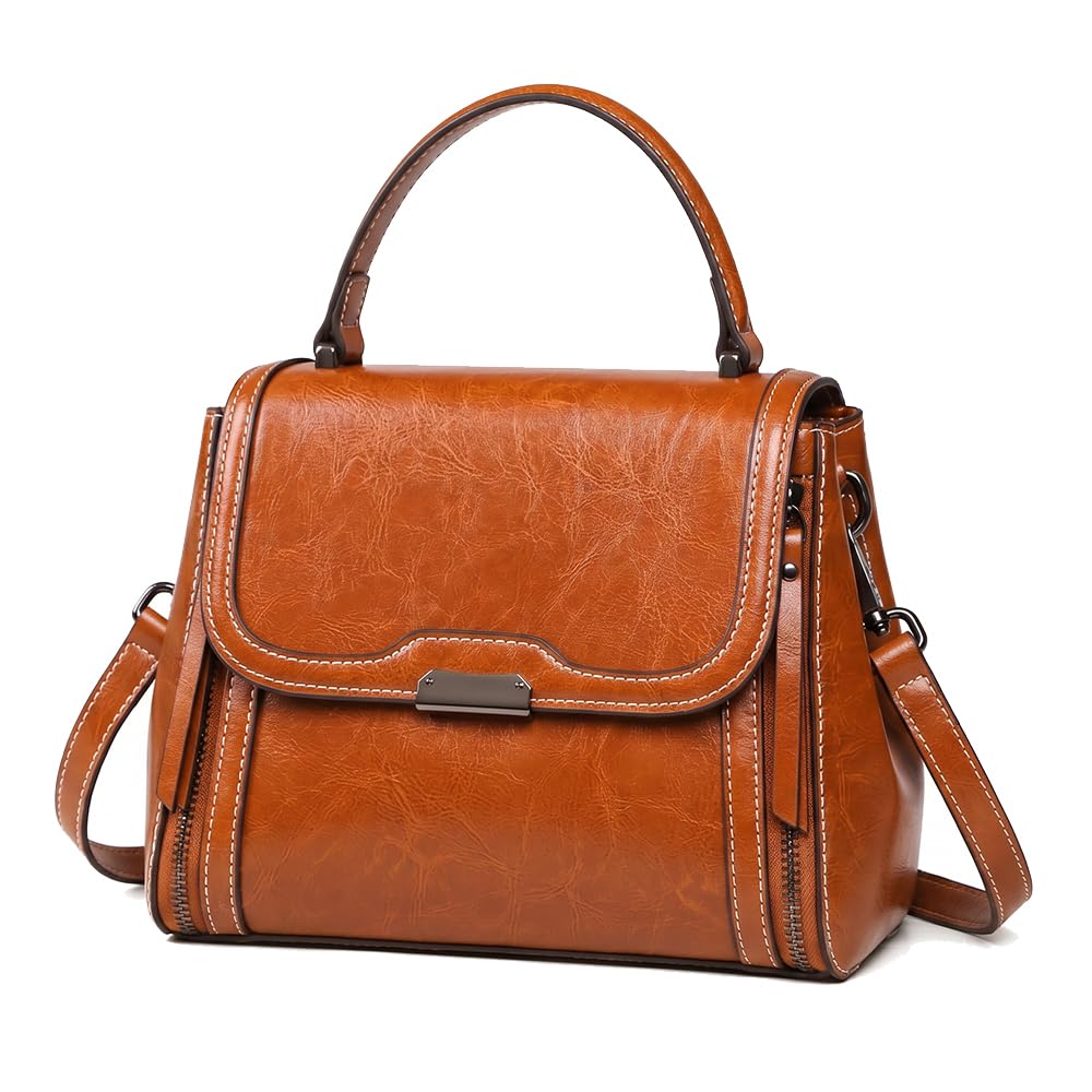 Bolso de Mano Mujer de Cuero Genuino Verano, Elegante Bolso de Hombro y Bandolera, Bolso Tote Estructurado Clásico para Trabajo Diario Marrón