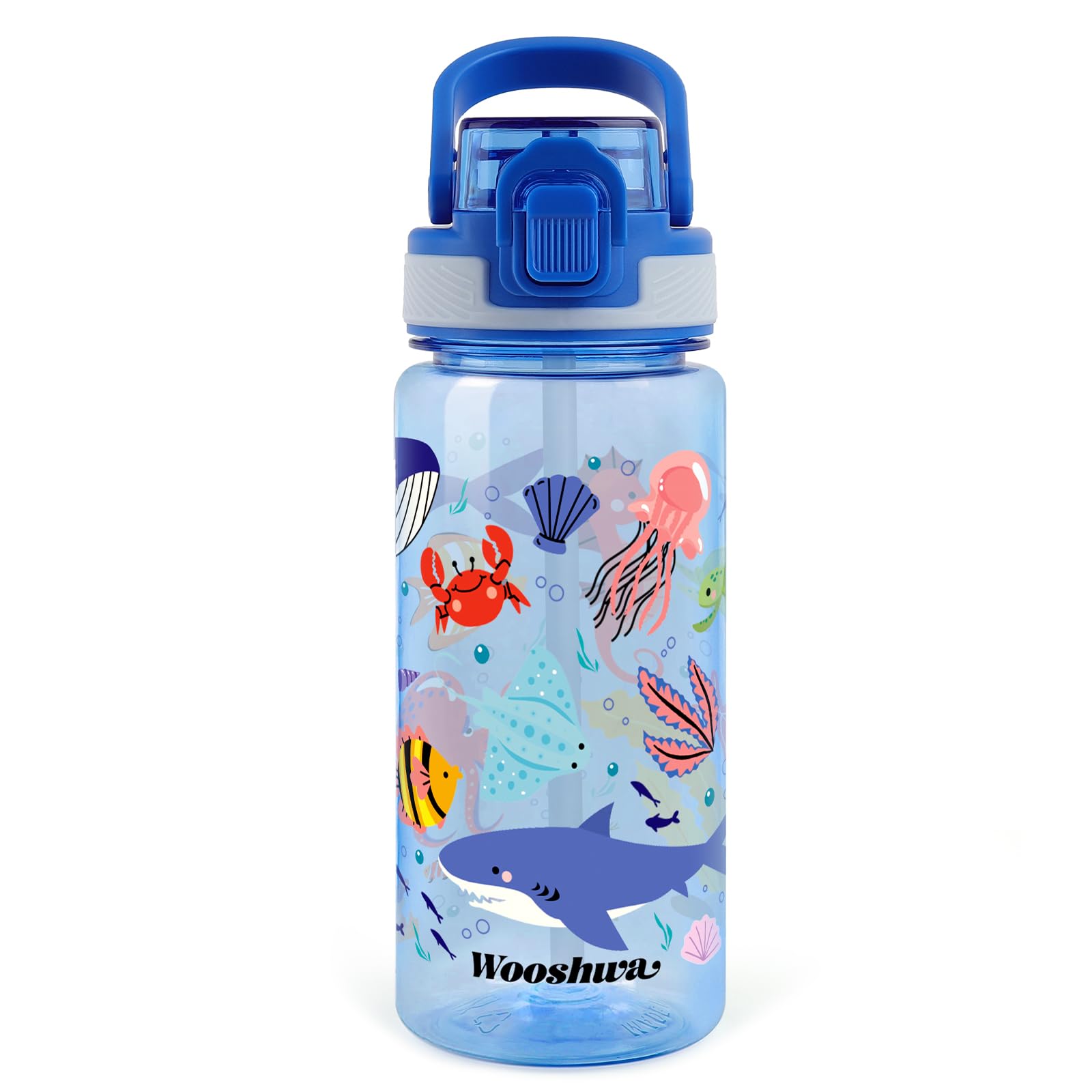 wooshwa Kids Water Bottle with Straw for School, 600ml/20 Oz Plastic Water Bottle with Silicone Spout and Pop-Up Cover, Leakproof & Dishwasher Safe (Marine Animals)