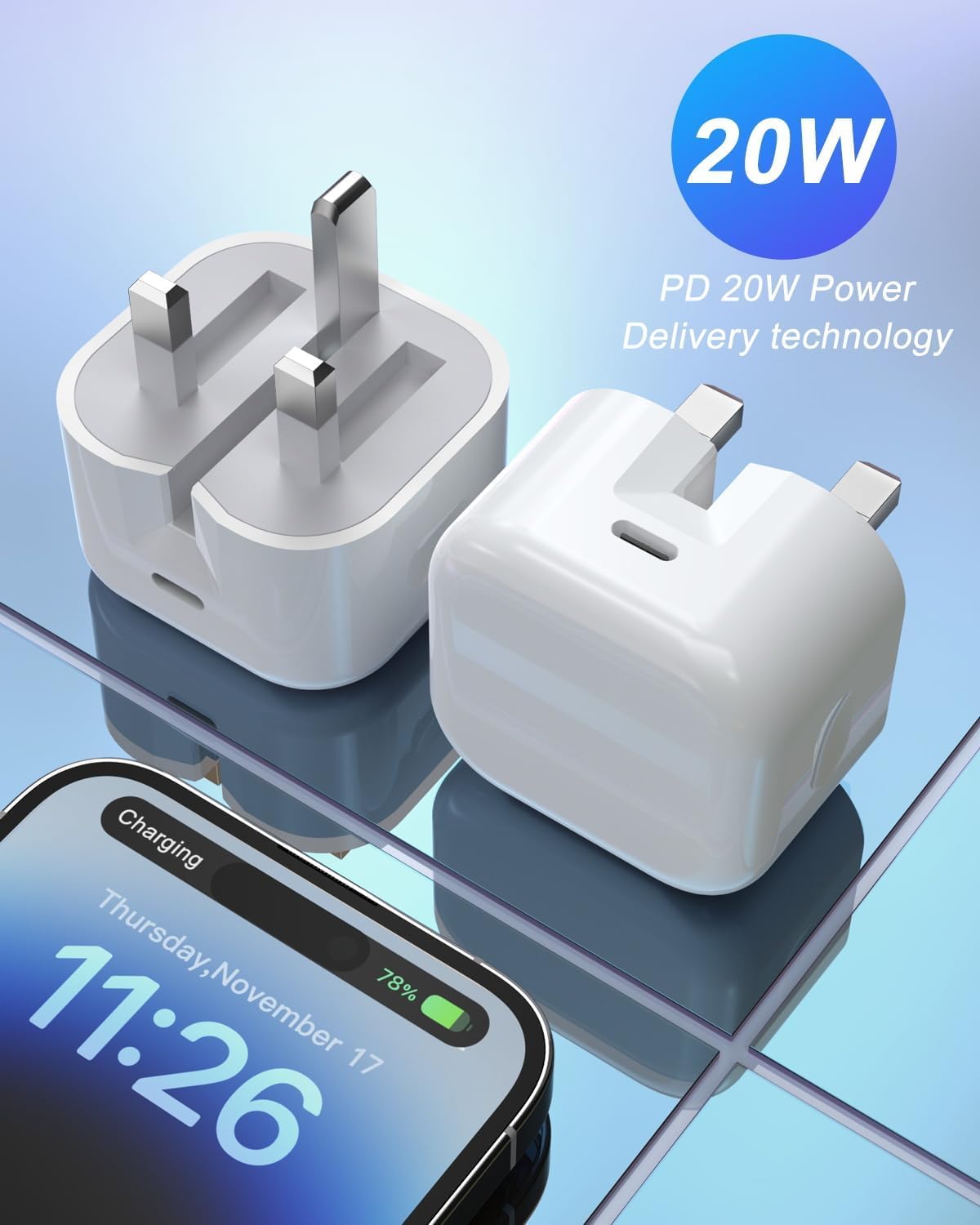 iPad Charger Plug USBC,2Pack 20W Apple Plug USBC USB-C Power Adapter UK Fast Charge for Pro 12.9 11 13 inch 4th 5th 6th M4 Generation/Air 10.9 11 5th Gen M2 M3/Mini 6 7/i Pad 5-10th A16 11th 2017-2025 - 4