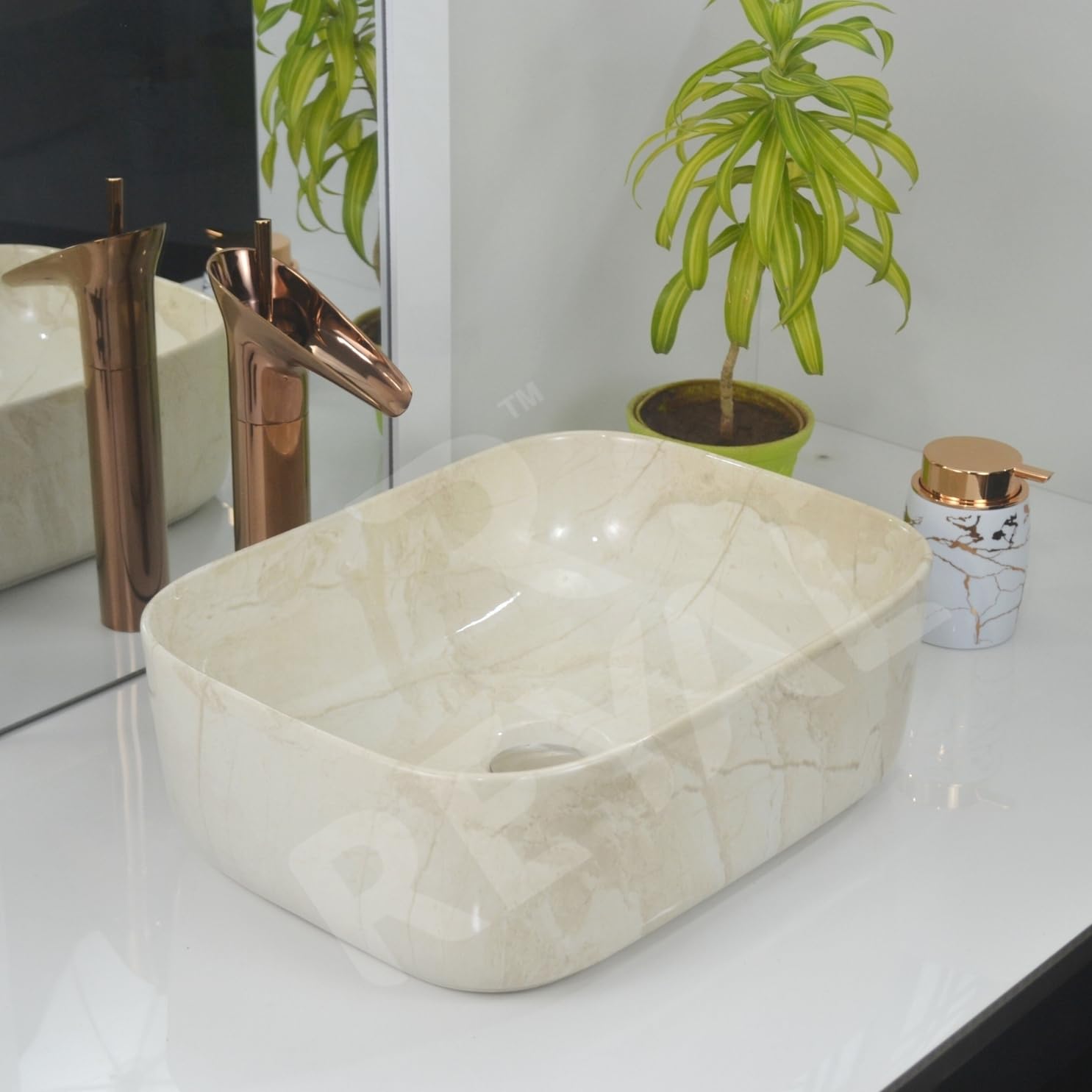 Reyal Premium Ceramic Square Table Top Wash basin (Size : 12" x 16" x 5") Countertop Vessel Sink | Bathroom Wash Basin over counter (Ivory Cloud)-image-15