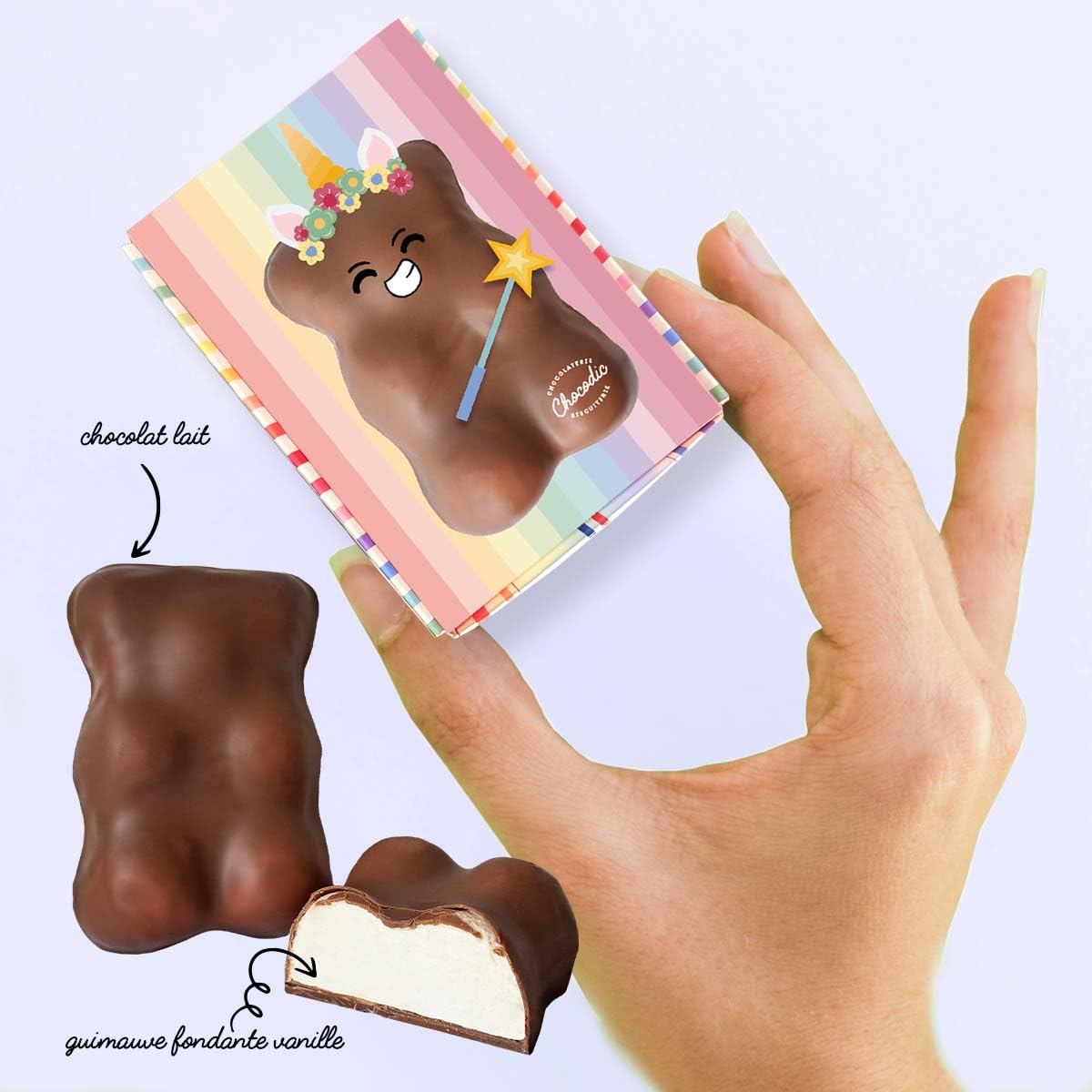 Ourson Guimauve XL | Guimauve Vanille enrobé de Chocolat Lait ou Noir | Anniversaire Remerciement Fête des Pères Plaisir d'offrir Saint Valentin Fête des Mères Pâques Noël (Licorne, Chocolat Lait)