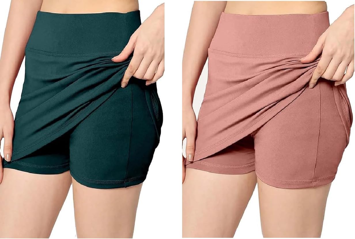 Skirt with Shorts for Women's & Girl's Solid High Waist Flared Skater Short Mini Skirt | Pack of 2 | Dark Green, Peach