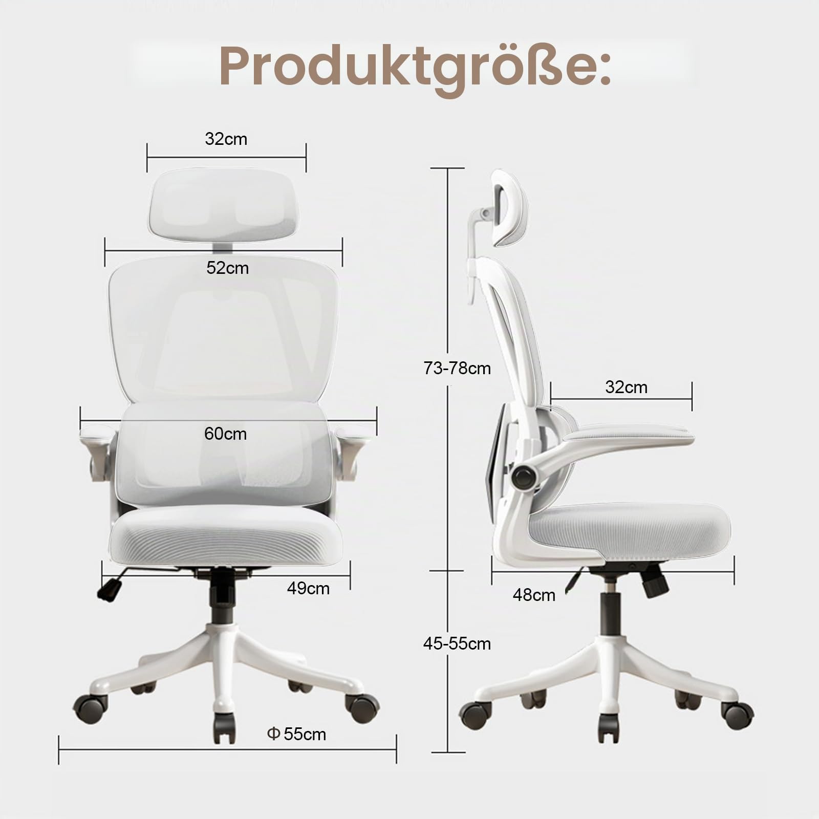 Bürostuhl Mesh Schreibtischstuhl,Ergonomischer Hochrücken-Gaming-Rollstuhl mit Rädern und Verstellbarer Kopfstütze,Komfortable Hochklappbare Armlehnen für Zuhause,Schlafzimmer,Studium(Weiß)